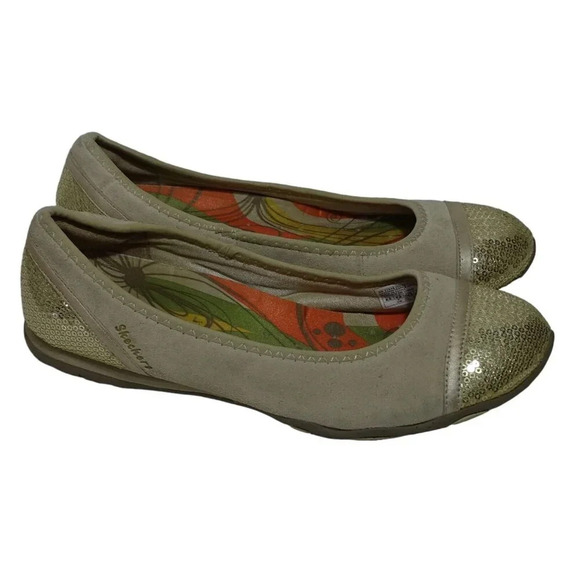 Skechers Beige Suede Ballet Flats Gold Sequins Women Size 8.5 Comfort Round Toe - Picture 2 of 9